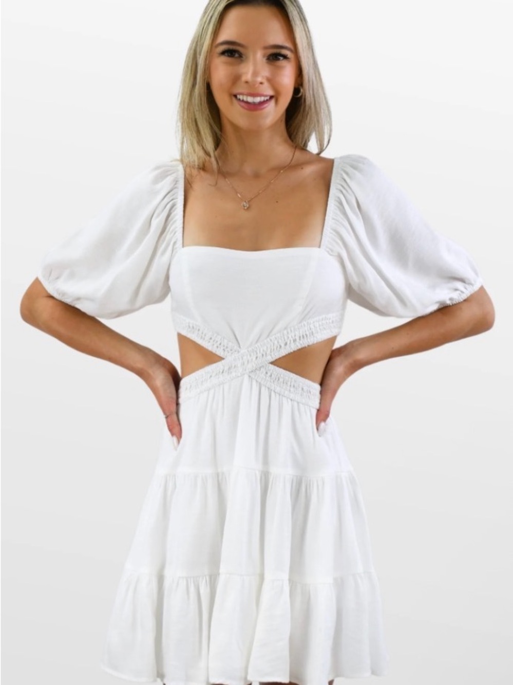 Free People White Puff-Sleeve Cutout Mini Dress